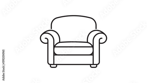 Minimalist Armchair Vector Icon with Editable Stroke. A clean black line illustration of a plush sofa chair on a white background, perfect for interior design, home decor, and furniture graphics.
