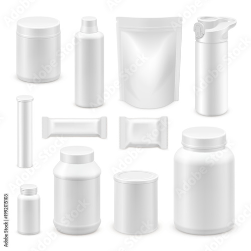 Sports nutrition mockup. Whey protein jar, sport supplement packaging 3d bottle tub white blank plastic container powder shake drink gym fitness set garish vector illustration