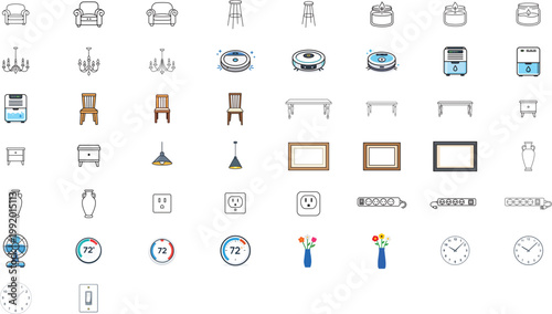 50 Minimalist Home Decor and Household Appliance Vector Icon Set featuring Furniture, Lighting, Electronics, and Smart Home Devices with Editable Stroke for Customizable Line Weight and Style.