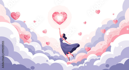 Woman Reaching for Glowing Heart in Dreamy Cloudscape