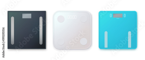 Digital bathroom scales. Smart floor scale weight balance device, fat body mass loss gain weighing measuring electronic machine top view, 3d realistic garish vector illustration