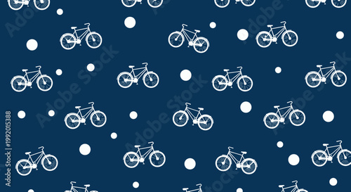 Seamless Pattern White Bicycle Icons on Dark Blue Background with Dots