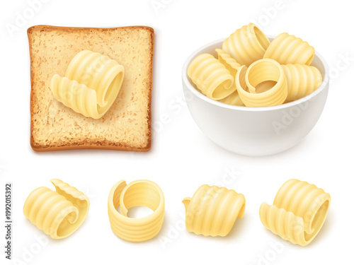Butter curl slices. Realistic butter swirl slice bread toast, 3d margarine roll piece bowl creamy spread cream oil milk product breakfast food isolated garish vector illustration