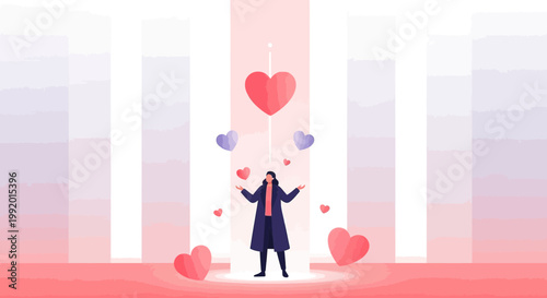 Woman Juggling Hearts in Spotlight: Love, Emotion, Connection, Abstract Background