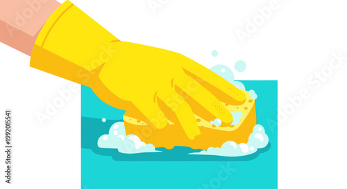 Hand in yellow glove cleaning with sponge and soap bubbles
