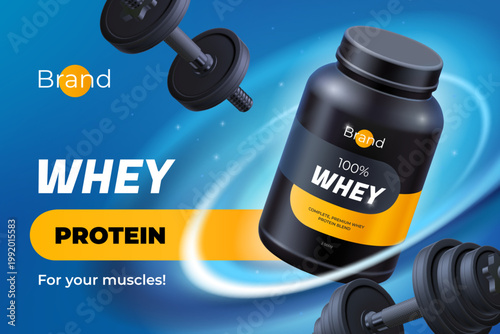 Whey protein banner. Sports supplement realistic ad poster, gym nutrition product design sport fitness energy food powder bottle jar container 3d promo garish vector illustration