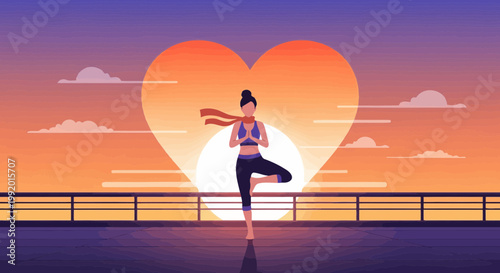 Woman Meditating in Yoga Pose at Sunset with Heart Shape Sun