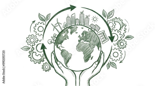 Hands hold the Earth symbolizing a sustainable future with green industry and renewable energy