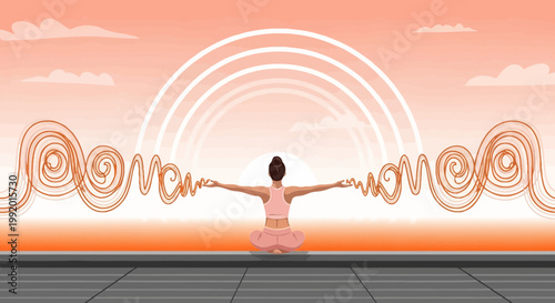 Woman Meditating Outdoors with Energetic Waves and Sunrise