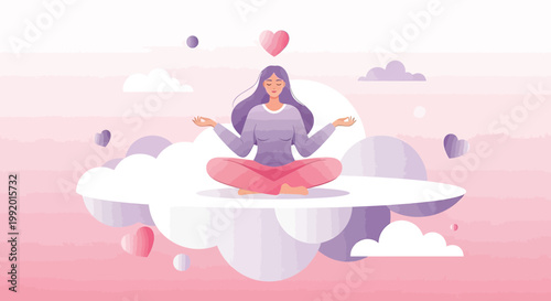 Woman Meditating on Cloud with Hearts, Serenity, Mindfulness, Inner Peace, Yoga