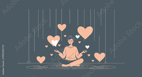 Woman Meditating Surrounded by Floating Hearts, Symbolizing Love and Inner Peace