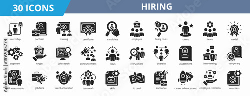 Set of glyph style hiring icon. A collection of icons suitable for web and mobile application. Including internship, portfolio, training, certificate, candidate, employee, and more.