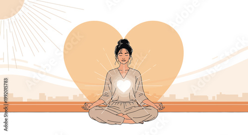 Woman Meditating with Glowing Heart and Sunburst in Heart Shape