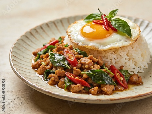 Authentic Thai basil chicken stir-fry (Pad Krapow) with fried egg and jasmine rice