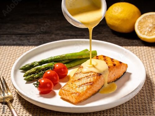 Grilled salmon steak with asparagus and cherry tomatoes drizzled with lemon butter sauce