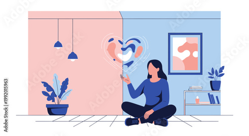 Woman meditating, creating abstract heart shape from split room, symbolizing inner peace and emotional balance