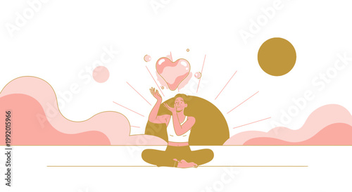 Woman Meditating, Manifesting Love with Abstract Heart Shapes and Sunrise