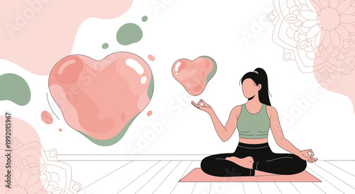 Woman Meditating Yoga Pose, Heart Shapes, Zen, Mindfulness, Wellness, Self Love Concept