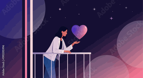 Woman on Balcony Holding a Gradient Heart Under a Starry Night Sky