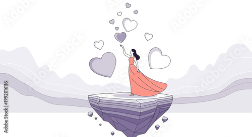 Woman on Floating Island Releasing Hearts into Sky, Love, Dreams, Freedom Concept