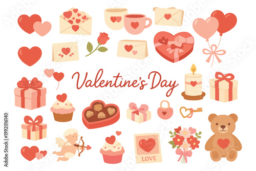 Valentine's Day vector icon set with romantic symbols Cupid heart cupcakes teddy bear and gift boxes flat illustration