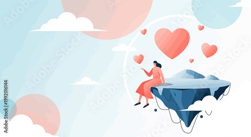 Woman on Floating Island with Hearts, Abstract Sky Background