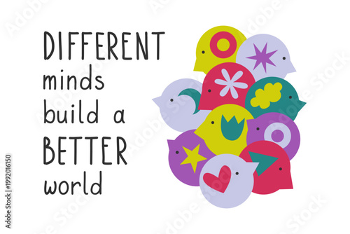 Teamwork collaboration and neurodiversity concept. Inclusion and support of unique brains and thinking. Different minds build a better world lettering with diverse people symbols.