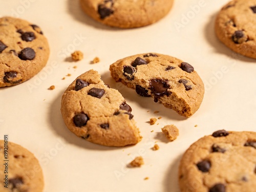 Freshly baked chocolate chip cookies with crumbs on light cream background