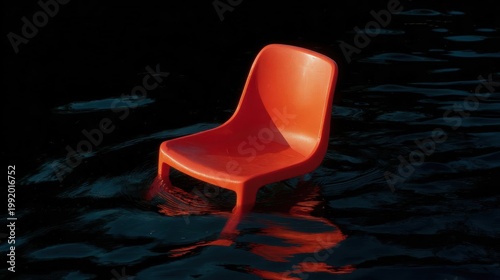 Red plastic chair floating on a body of water. the chair is positioned in the center of the image, with its backrest facing towards the right side of the frame.