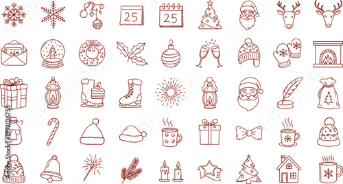 Kawaii Christmas Icon Illustration Set Featuring Snowflakes, Santa, Gifts, Ornaments, and Holiday Symbols