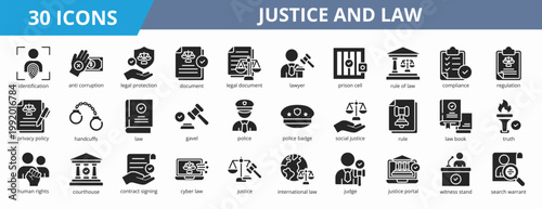 Set of glyph style justice and law icon. A collection of icons suitable for web and mobile application. Including identification, anti corruption, document, legal document, lawyer, and more.