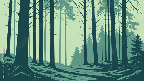 Minimalist Flat Vector Landscape of a Misty Coniferous Pine Forest