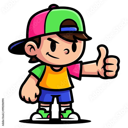 Cartoon boy wearing a colorful baseball cap and t shirt giving a thumbs up character child