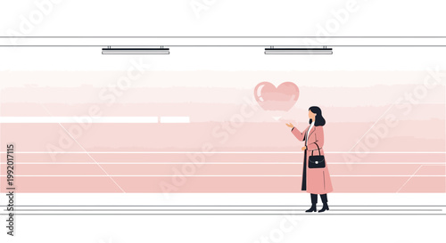 Woman in Pink Coat Holding a Pink Heart Bubble in a Minimalist Setting