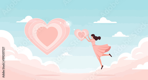 Woman in pink dress holding heart, floating among clouds with large heart shapes, love concept