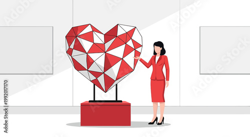 Woman in red suit admires large geometric heart sculpture in art gallery