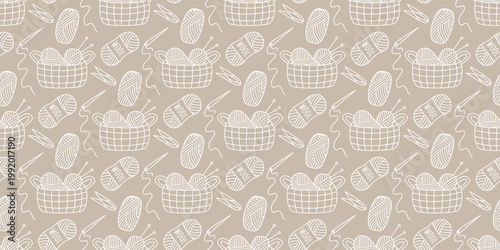 Handicraft seamless pattern. White silhouette of balls of thread, yarn, needle, and scissors on a beige background. Knitting print for packaging and design, vector graphic