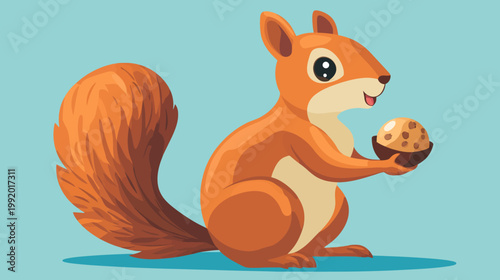 A cartoon squirrel holds a nut in a bowl against a light blue background