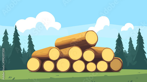 Pixelated illustration of a stack of logs on green grass, with trees, clouds and blue sky background