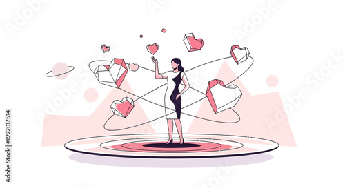 Woman Interacting with Digital Hearts, Love, Connection, and Technology Concept