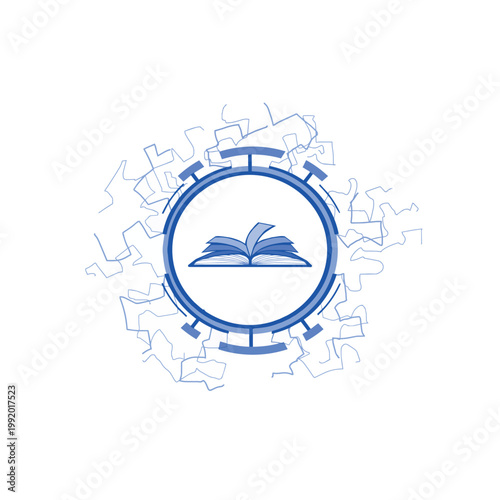 Open book in a round circle frame with electric discharges. Library guide pages.