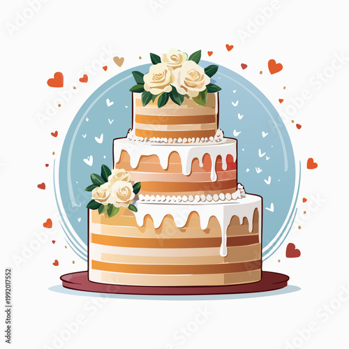 Elegant Three-Tiered Wedding Cake with Roses and Hearts