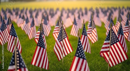 American flags on green grass field.