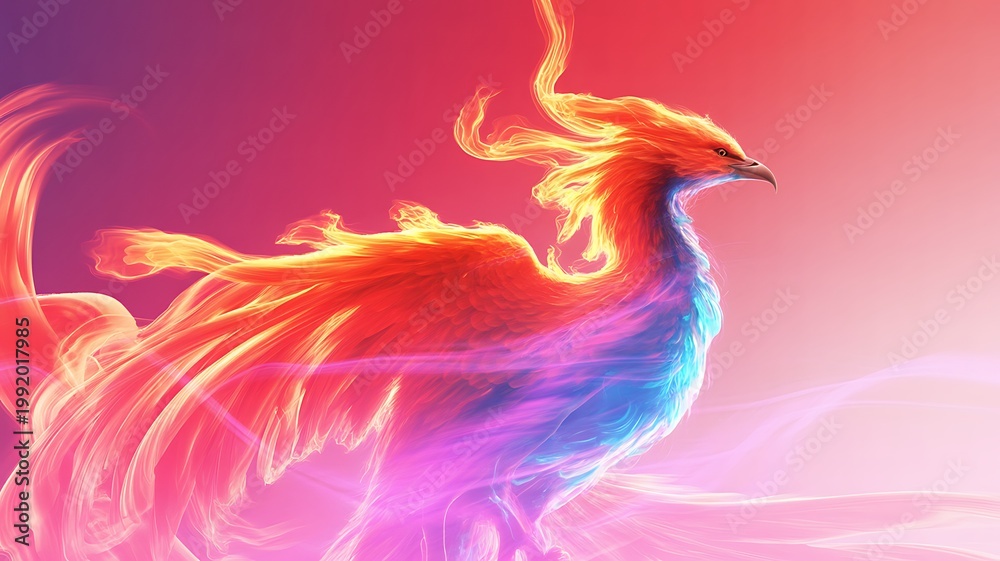 Fototapeta premium Vibrant colorful phoenix bird with flames rising from body in pixel art style