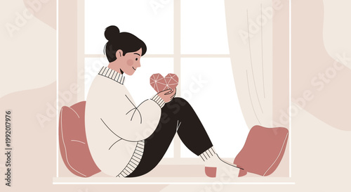 Woman holding geometric heart, sitting by window, self-love, mental health, cozy atmosphere