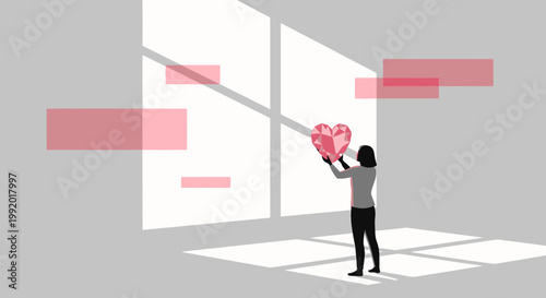 Woman Holding Geometric Heart, Symbol of Love, Health, and Connection in Light and Shadow