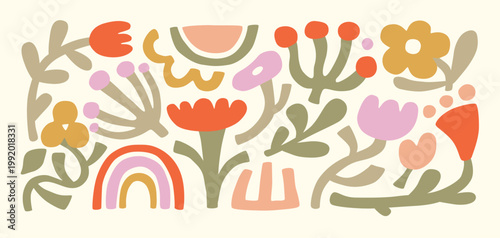 Simple naive colorful flowers set. Collection of summer or spring flora. Stickers plants and flowers. Set of beautiful bloom in cartoon doodle modern style. Bright. Childish illustration print.