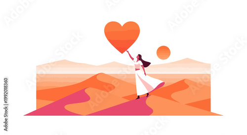 Woman holding heart balloon in desert landscape, abstract geometric shapes, love and hope concept