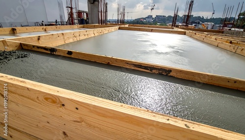Sunlight Reflecting on Wet Concrete Poured into Wooden Formwork at a Construction Site 