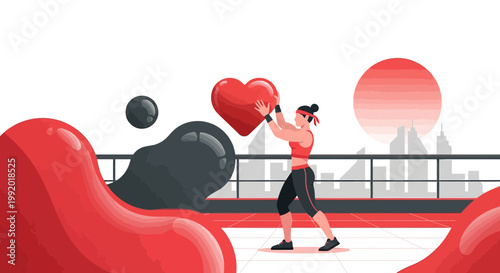 Woman Holding Heart, Fitness, Health, Abstract Shapes, Cityscape Background